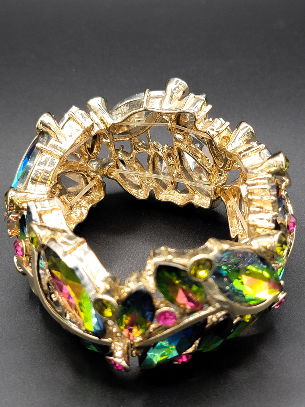 Multicolor Aurora Borealis Rhinestone Stretch Bracelet Gold Tone - Picture 2 of 10